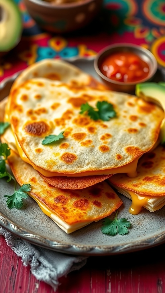 Venezuelan Cheese Quesadilla Recipe Golden-brown cheese quesadilla cut into wedges, served with salsa and avocado slices.